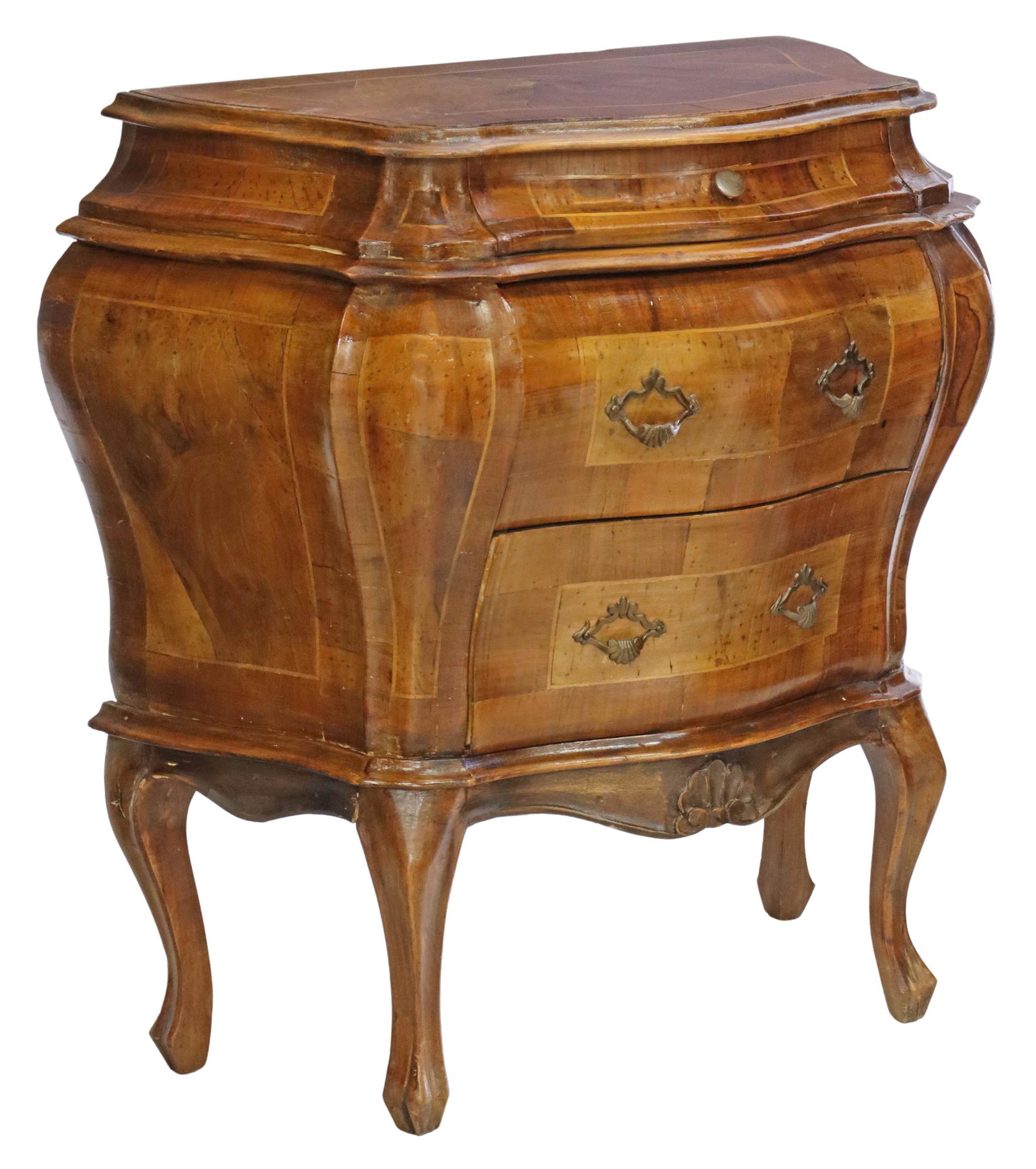 ITALIAN VENETIAN PATCHWORK BOMBE NIGHTSTAND: Italian Venetian patchwork bombe nightstand, 20th c., having shaped top, over conforming case fitted with three drawers, linear parquetry banding, rising on cabriole legs, approx 26.5"h, 27"w, 14"d St