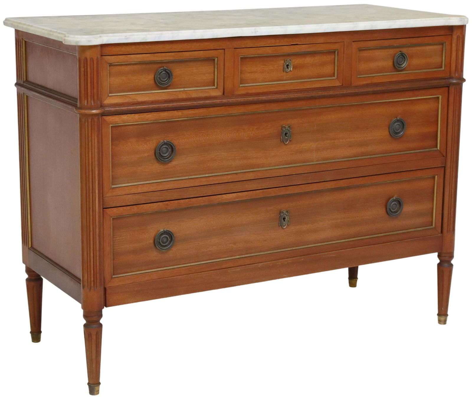 FRENCH LOUIS XVI STYLE MARBLE-TOP MAHOGANY COMMODE: French Louis XVI style mahogany commode, early 20th c., having marble top, case fitted with three top drawers, over two full-length drawers, gilt metal trim, rising on fluted tapered legs, ending on c