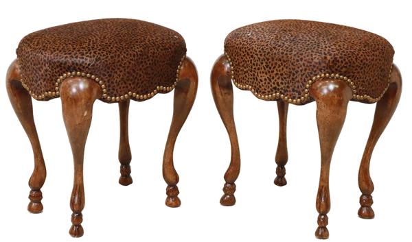 (2) CARVED WOOD LEOPARD PRINT PONYHAIR STOOLS: (pair) Contemporary upholstered stools, having padded seat in leopard-print pony hair upholstery, nailhead trim, rising on cabriole legs, ending in hoof feet, some hair loss, approx 18.5"h, 17"w, 13.5