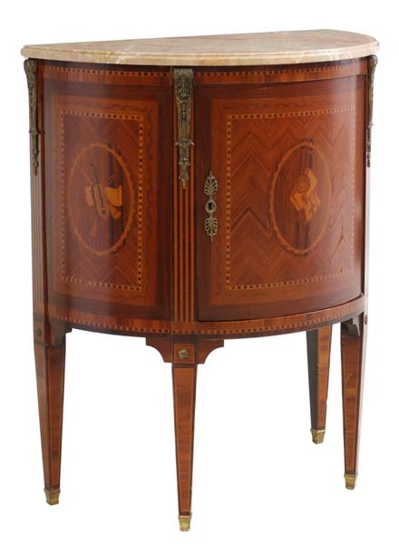NEOCLASSICAL STYLE MARQUETRY DEMILUNE CABINET: Italian Neoclassical style demilune cabinet, 20th c., having marble top, case with musical instruments and the arts marquetry, single cabinet, rising on tapered legs, ending on capped feet, approx 34.