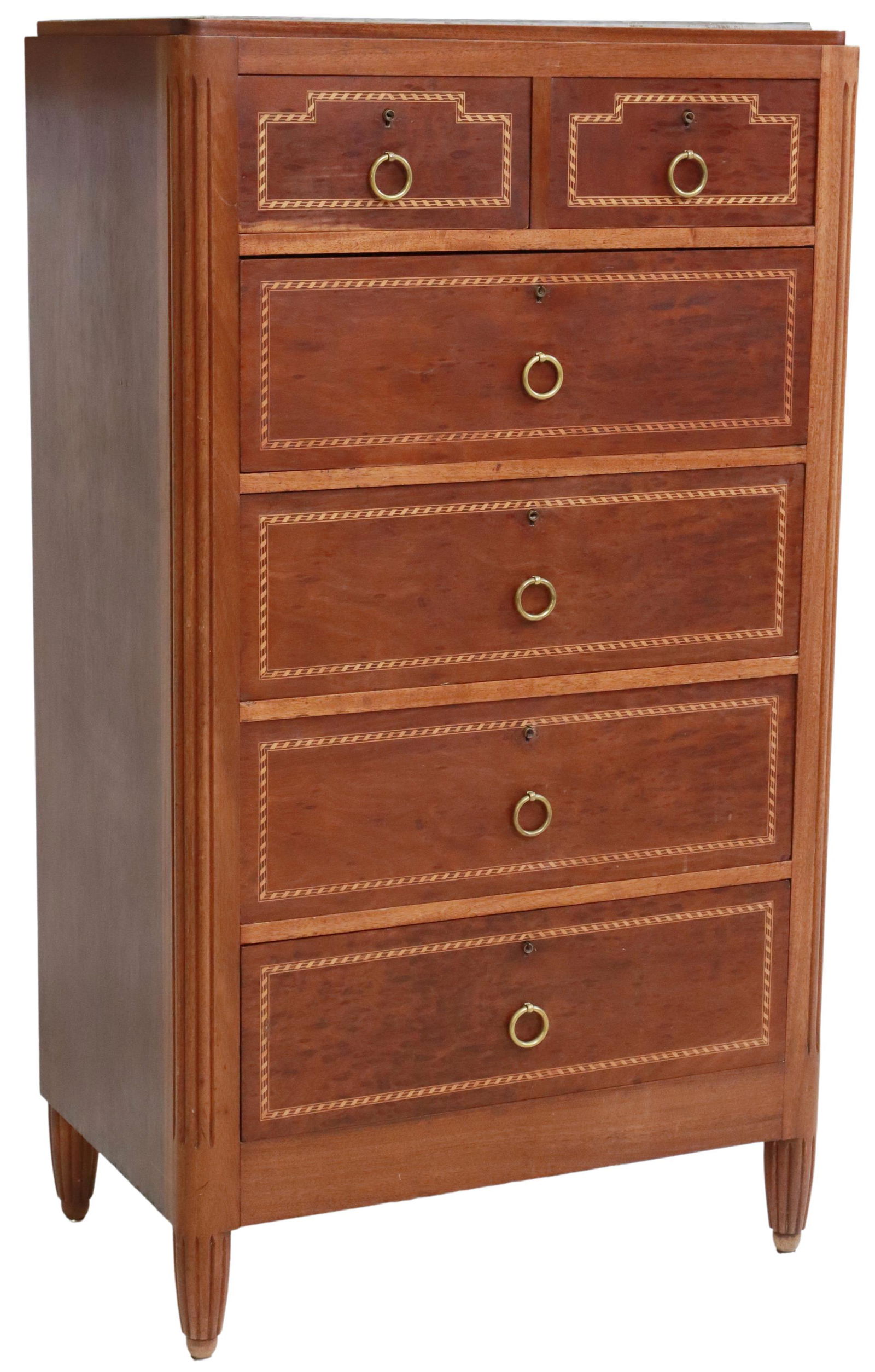 MERCIER & CHALEYSSIN ART DECO PARQUETRY COMMODE: French Art Deco commode/ tall chest of drawers, Mercier & Chaleyssin, c.1930s-1940s, inset marble top, over case fitted with six banded parquetry drawers, flanked by fluted corner posts, rising on tap