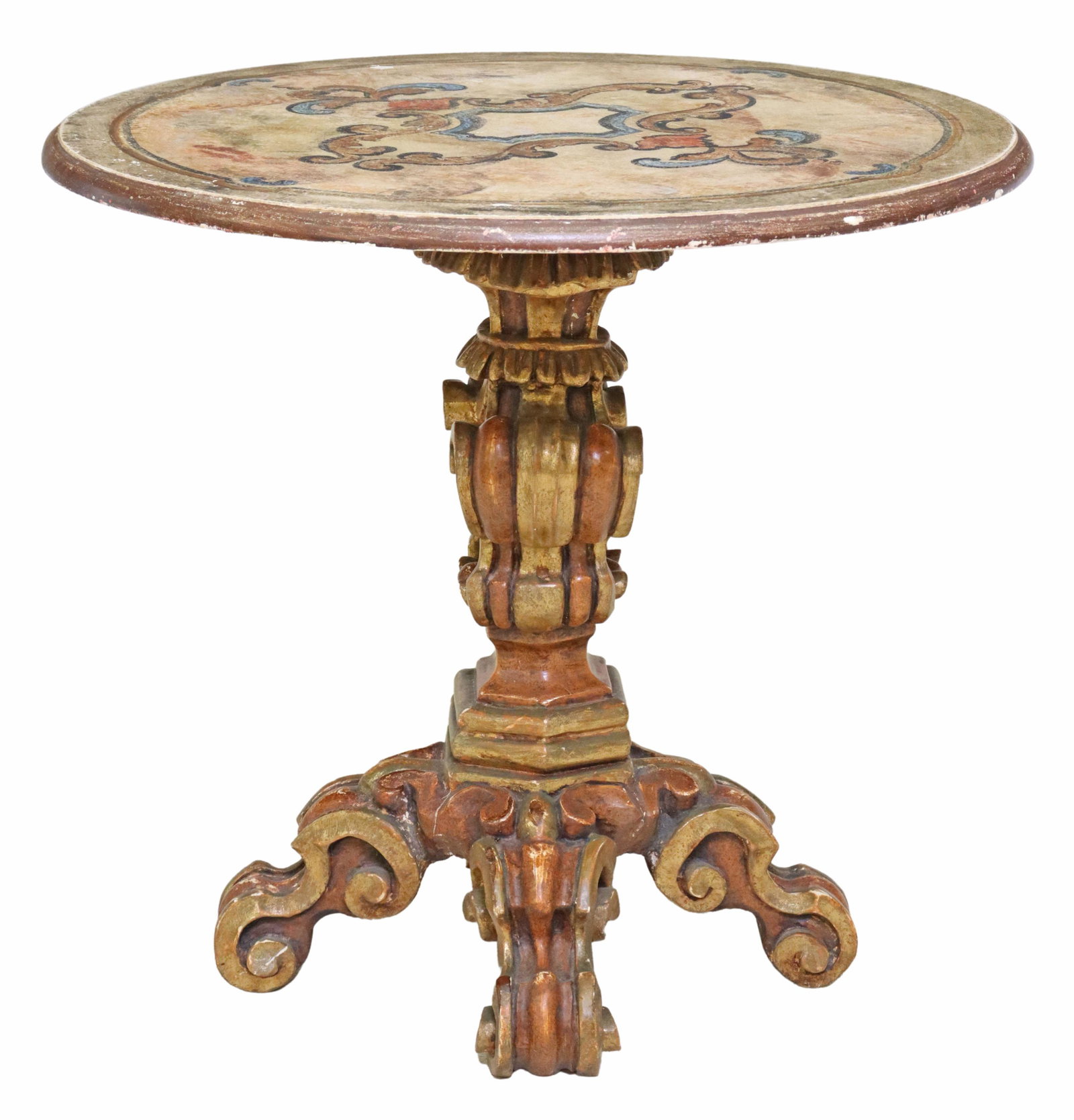 ITALIAN VENETIAN PAINT DECORATED CENTER TABLE: Italian paint decorated center table, 20th c., having round top, rising on carved standard with central cartouche motif, rising on quadripartite scrolled legs, approx 25"h, 27.25"diam Start Price: $20