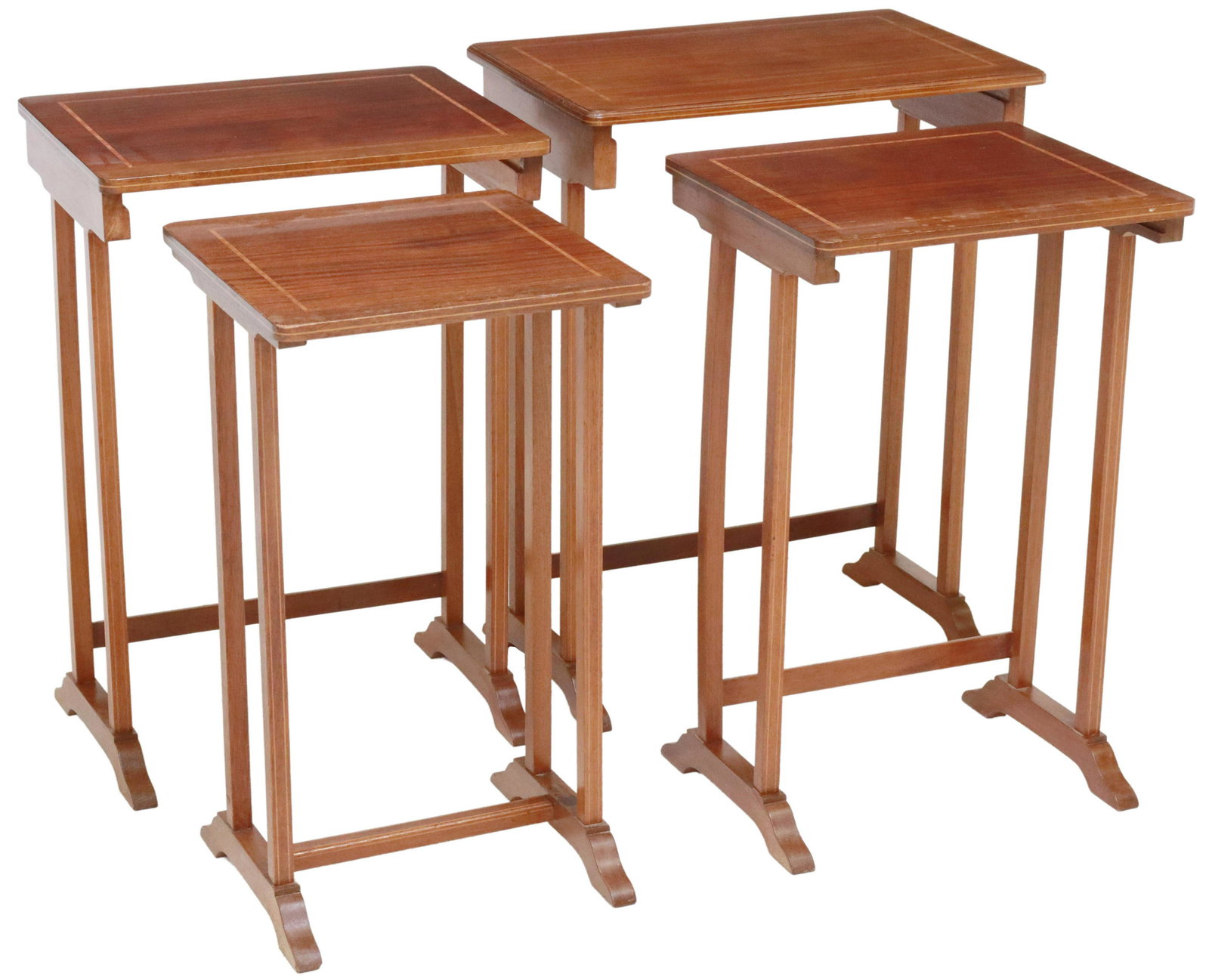 (4) ENGLISH BANDED MAHOGANY NESTING TABLES: (lot of 4) English mahogany nesting tables, late 20th c., banded top, rising on stretcher-joined legs, largest: approx 26.75"h, 20.5"w, 13.75"d Start Price: $150.00