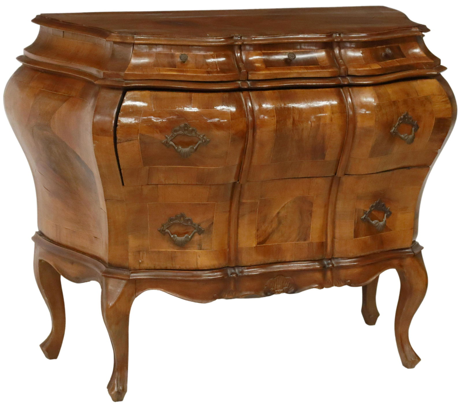ITALIAN GIUSEPPE PADOVANI PATCHWORK BOMBE COMMODE: Italian patchwork bombe commode, Giuseppe Padovani, 20th c., having shaped top, over conforming case fitted with five drawers, inlaid marquetry banding, rising on cabriole legs, ending in trifid feet,