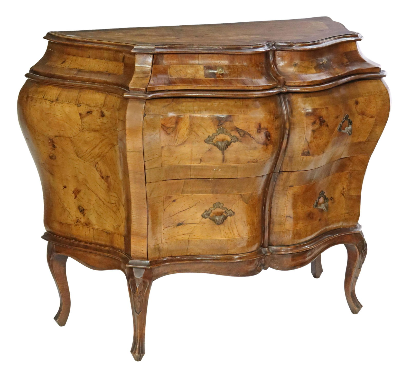 ITALIAN VENETIAN PATCHWORK BOMBE COMMODE: Venetian patchwork bombe commode, 20th c., having shaped top, over conforming case fitted with four drawers, linear parquetry banding, rising on cabriole legs, ending in slip feet, approx 31"h, 40"w,