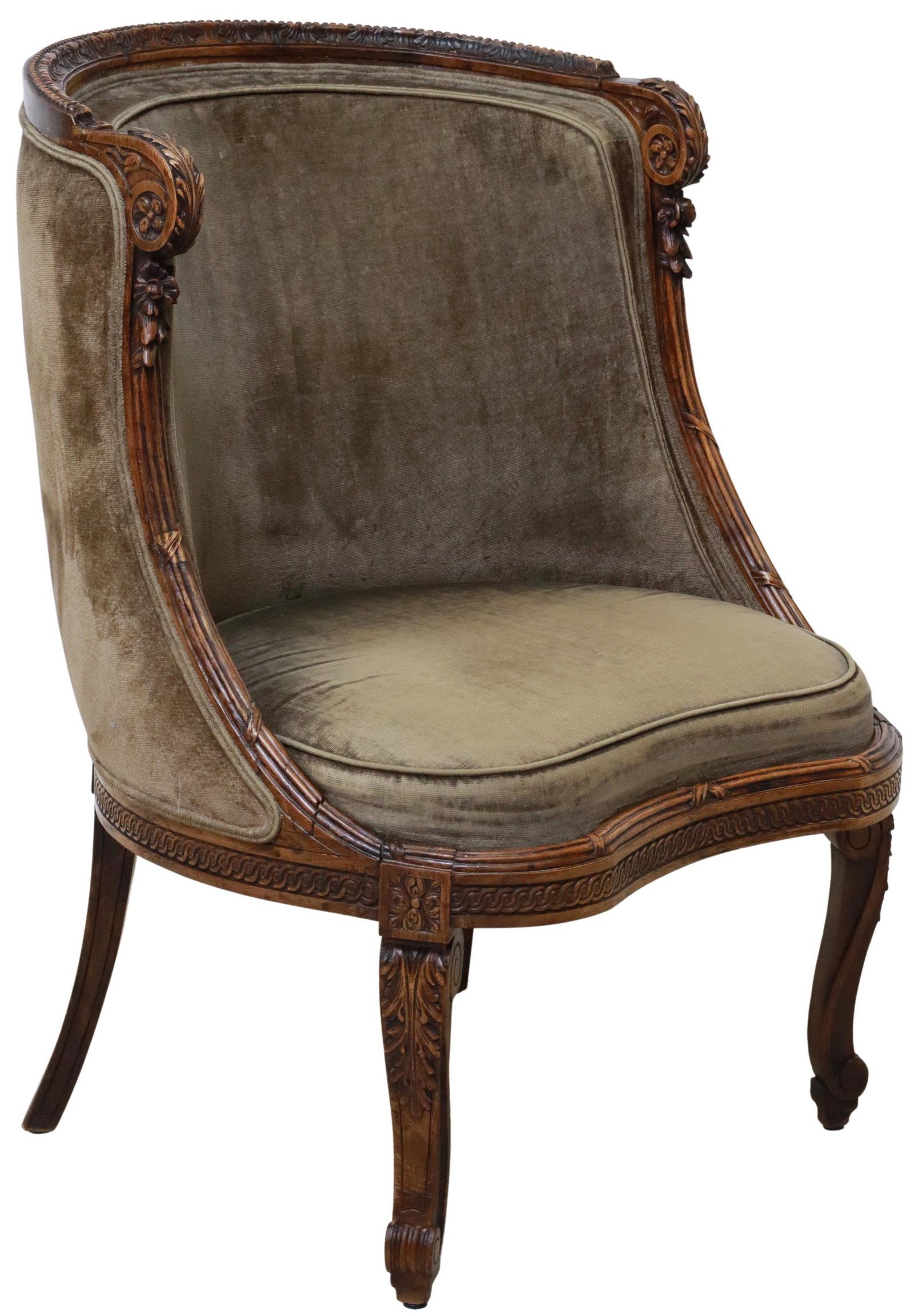 FRENCH NEOCLASSICAL UPHOLSTERED CHAISE GONDOLE: French Neoclassical upholstered chair, 19th c., curved back with carved acanthus scroll terminals, upholstered back and seat, rising on volute legs, approx 36.75"h, 25.75"w, 25"d, seat height: 17.75"h
