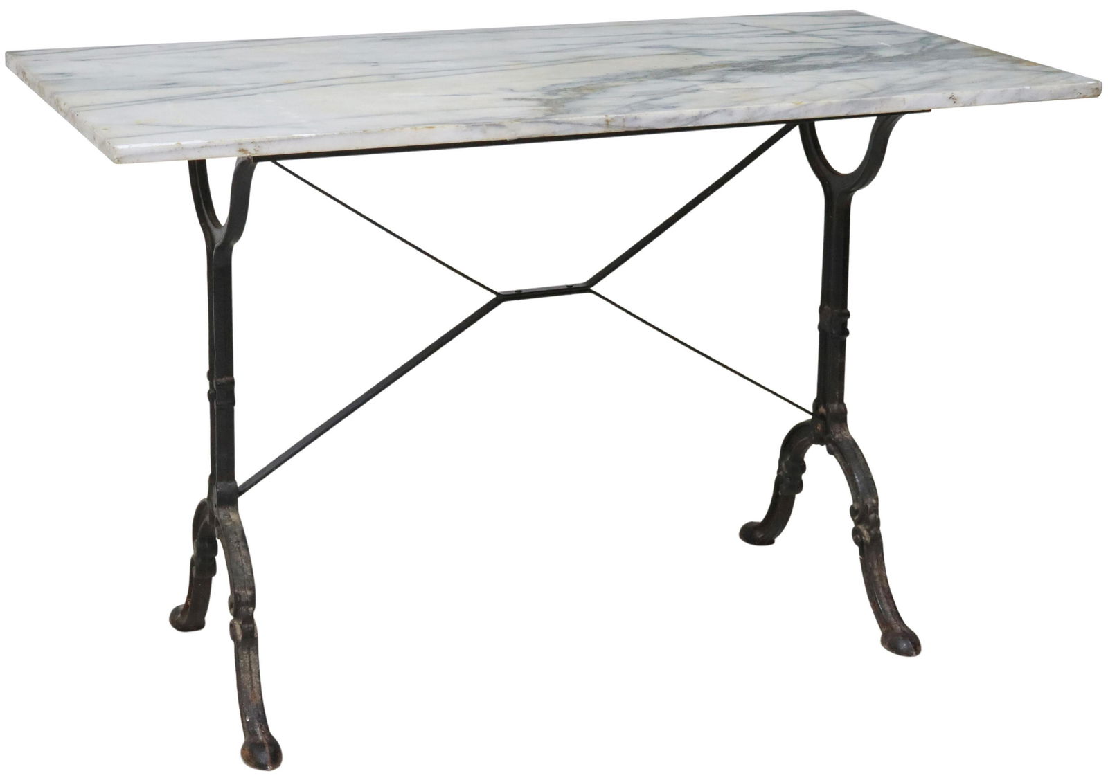 FRENCH MARBLE-TOP CAST IRON BISTRO TABLE: French bistro table, 20th c., having rectangular marble top, rising on cast iron base, approx 29.5"h, 47"w, 24"d Start Price: $200.00
