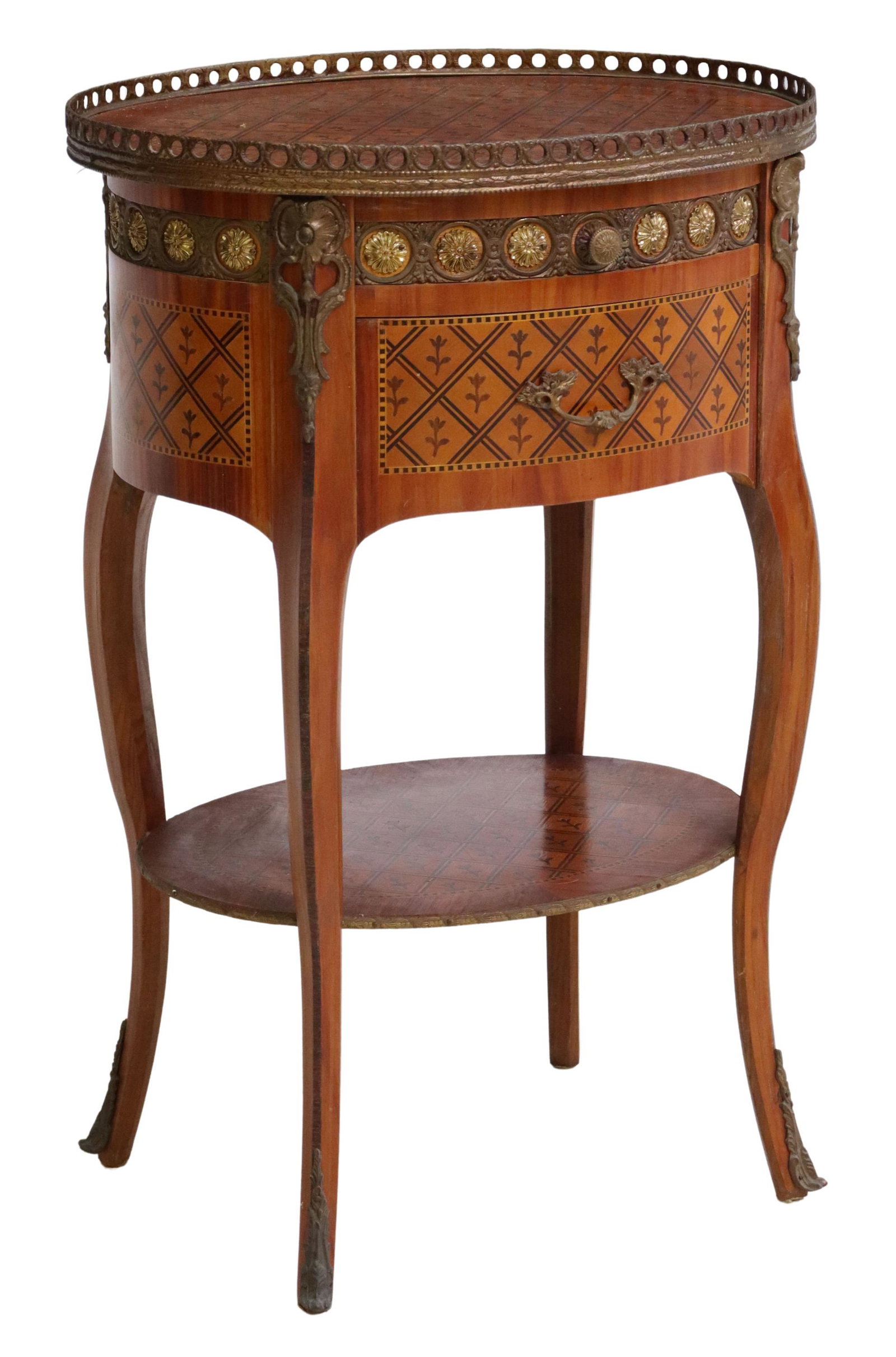 FRENCH LOUIS XV STYLE MARQUETRY NIGHTSTAND: French Louis XV style mahogany nightstand, 20th c., the whole in floral marquetry and diaper patterned parquetry, having oval top, with pierced patinated metal gallery, fitted with two graduated drawe