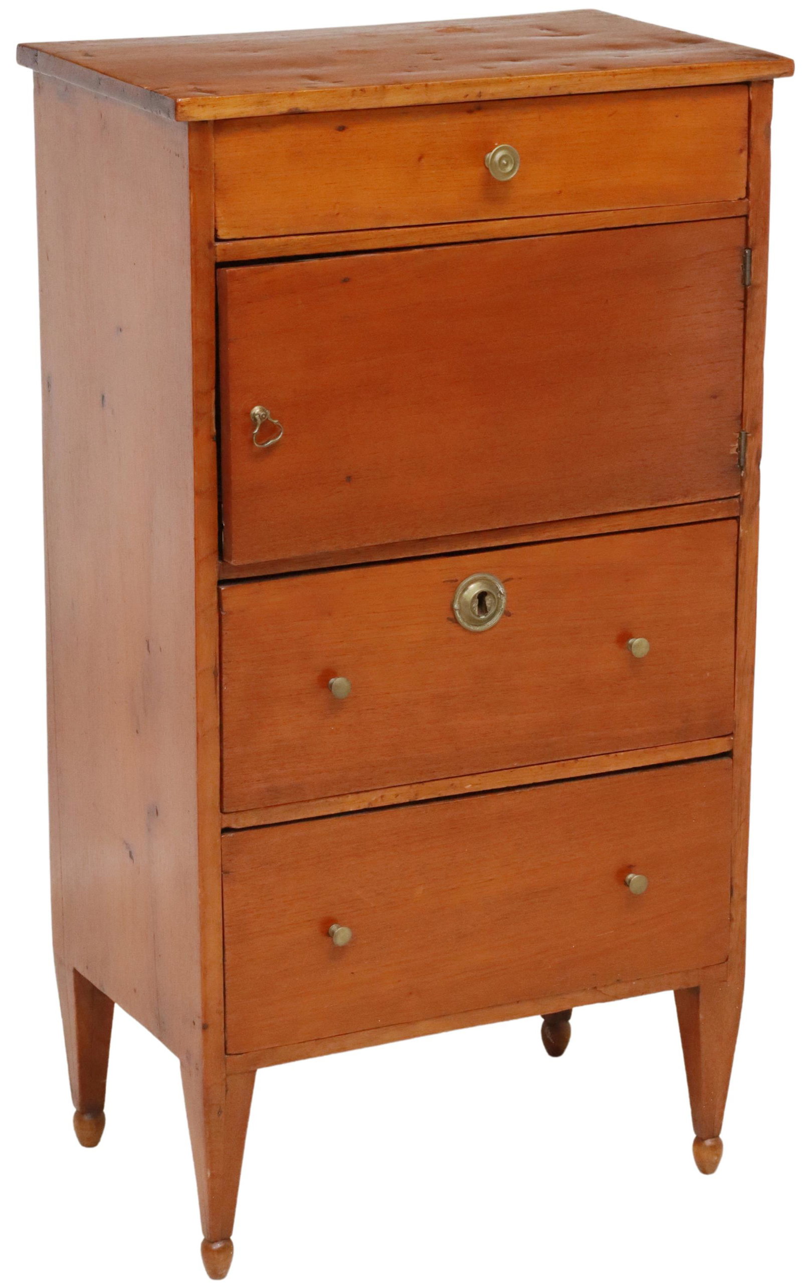 ITALIAN SIDE CABINET / NIGHTSTAND: Italian side cabinet, 20thc. having rectangular top, over a single drawer, above central cabinet door, two drawers below rise on tapered legs, ending in spade feet, approx 33.5"h, 18.75"w, 12"d Start 