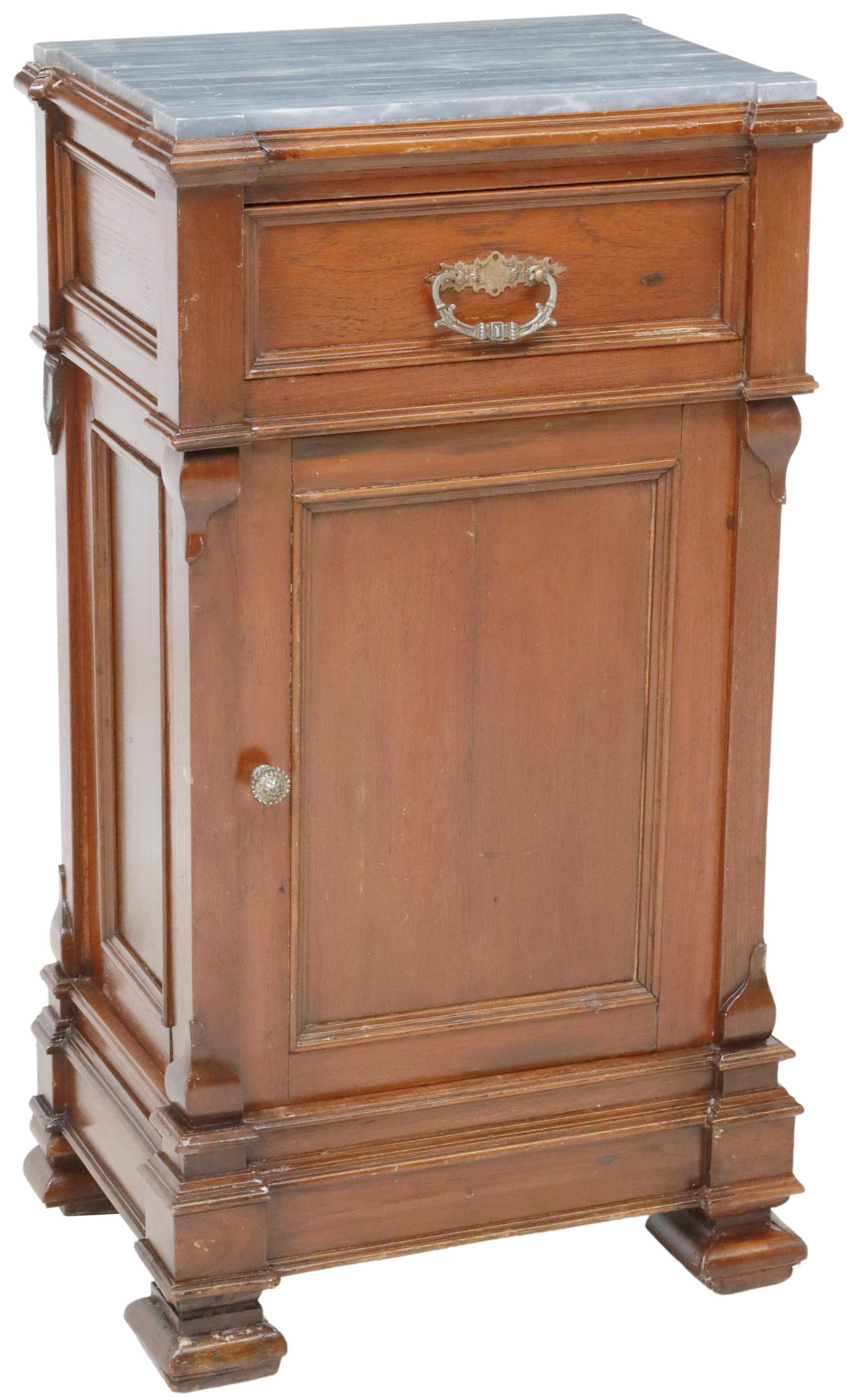 ITALIAN MARBLE-TOP BEDSIDE CABINET, 19TH C.: Italian bedside cabinet, late 19th c., having shaped marble top, over single drawer, above single paneled cabinet door, opening to shelved interior, rising on stepped base, ending in block feet, appro
