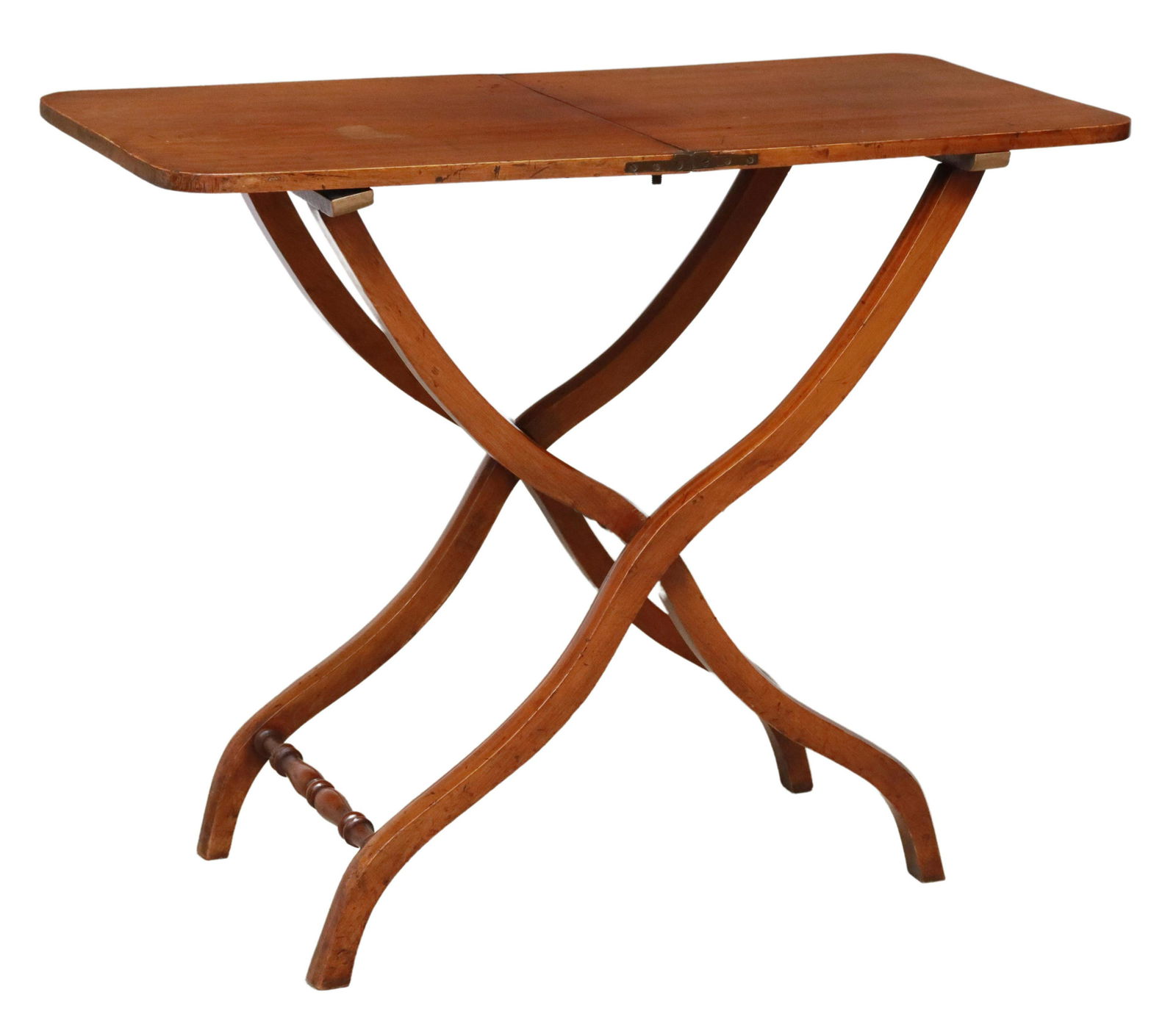ENGLISH MAHOGANY FOLDING COACHING TABLE: English mahogany coaching table, late 19th/ early 20th c., rectangular top with center hinge, on a folding x-form base, joined by turned stretchers, open: approx 27"h, 33.75"w, 16.5"d Start Price: $80
