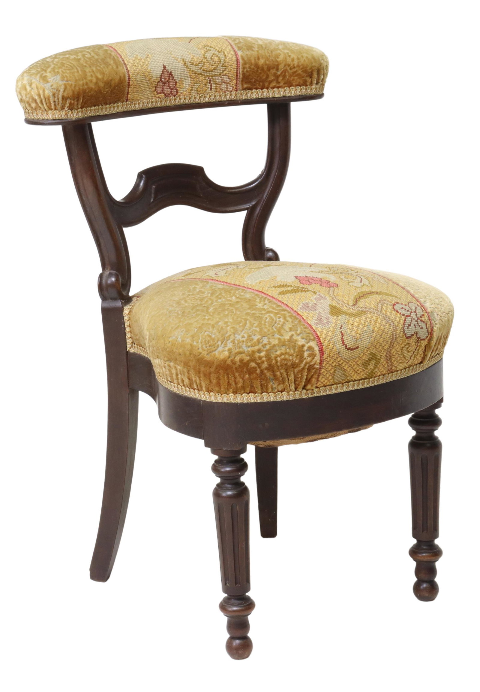 FRENCH VOYEUSE OR FUMEUSE SIDE CHAIR: French Louis Philippe period voyeuse/ fumeuse chair, mid 19th c., curved back rail, over open splat, needlepoint and mohair upholstery, rising on turned legs, approx 30.5"h, 20"w, 20.5"d, seat height: