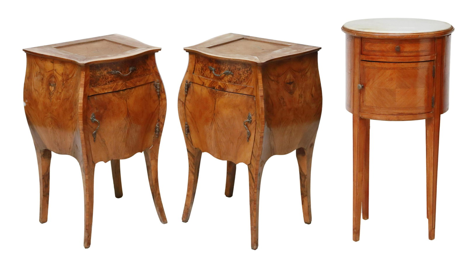 (3) ITALIAN & FRENCH FIGURED WOOD BEDSIDE CABINETS: (lot of 3) Continental figured nightstands/ bedside cabinets, early 20th c., including: (2) Italian burled walnut nightstands, shaped top, fitted with single drawer, over single cabinet, rising on cab
