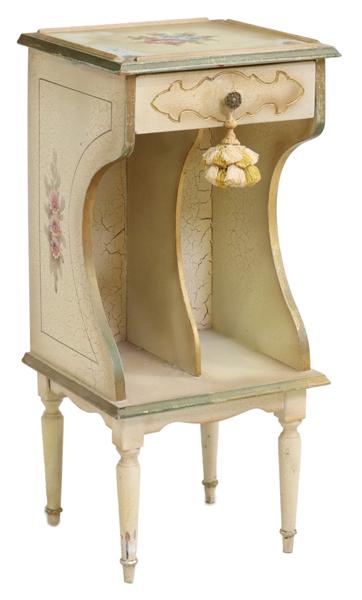 ITALIAN VENETIAN PAINTED WOOD FLORAL SIDE TABLE: Italian paint decorated nightstand/side table, 20th c., having single drawer, over open storage compartment, painted with floral motifs, rising on tapered legs, ending in arrow feet, approx 28"h, 13"w