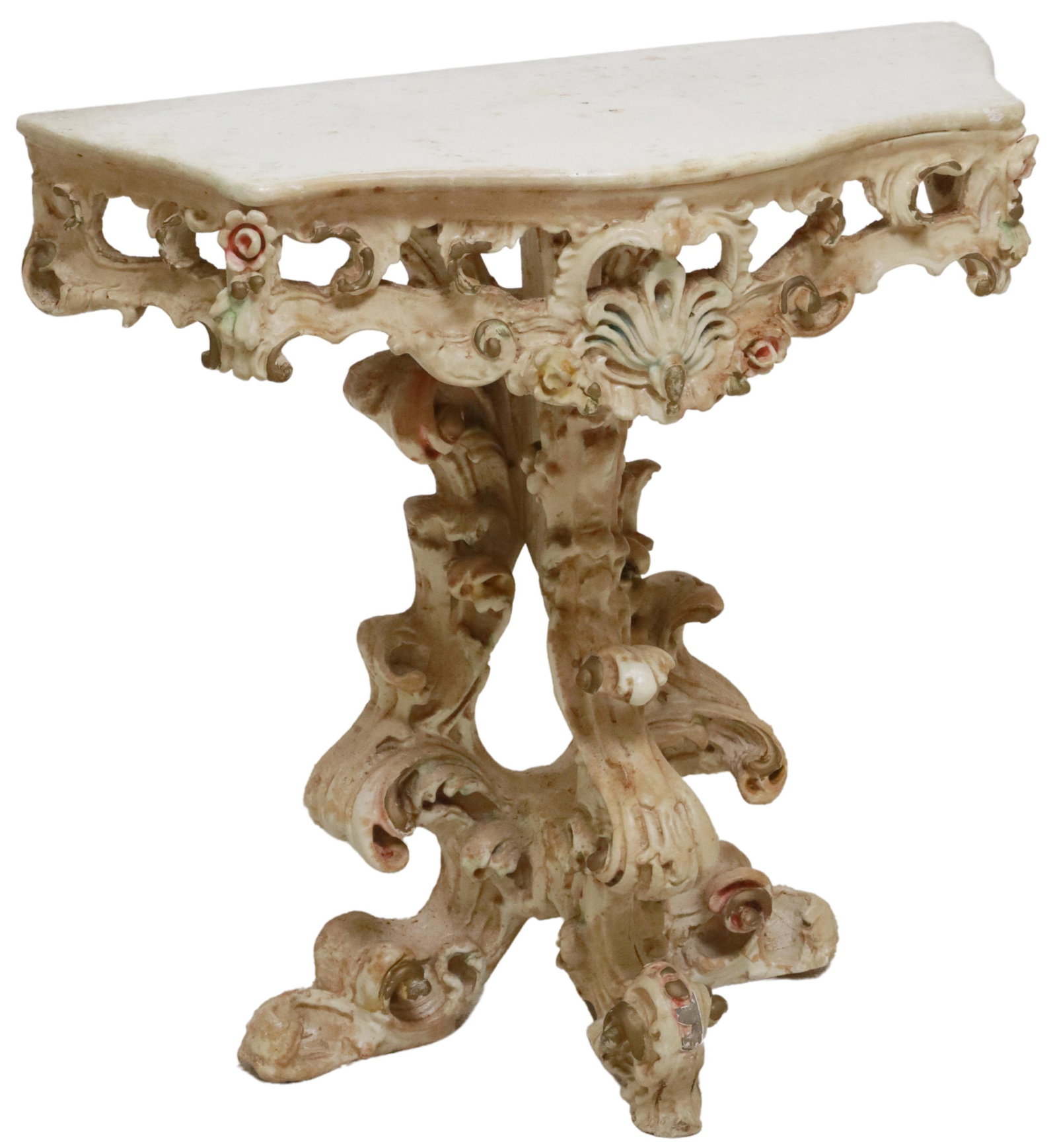 DIMINUTIVE ITALIAN PAINTED CONSOLE TABLE: Diminutive Italian painted console/ side table, 20th c., having shaped top, over scrolled foliate apron, with central shell motif and floral medallions, rising on scrolled foliate tripartite base, app