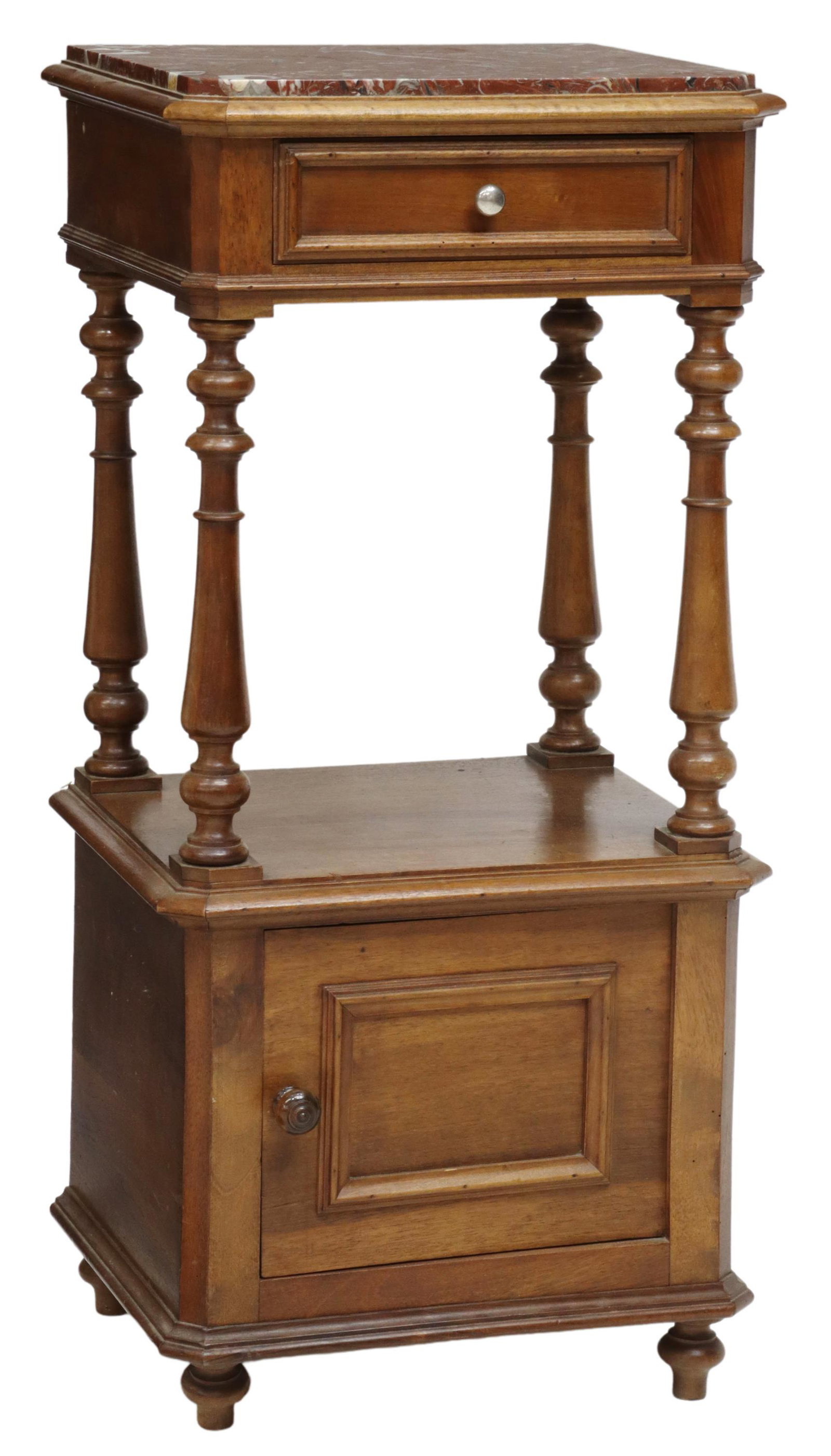 FRENCH MARBLE-TOP WALNUT BEDSIDE CABINET: French walnut nightstand, late 19th c., having shaped inset marble top, over single drawer, open shelf framed by turned supports, lower cabinet door, rising on turned feet, approx 34.75"h, 16.5"w, 13.