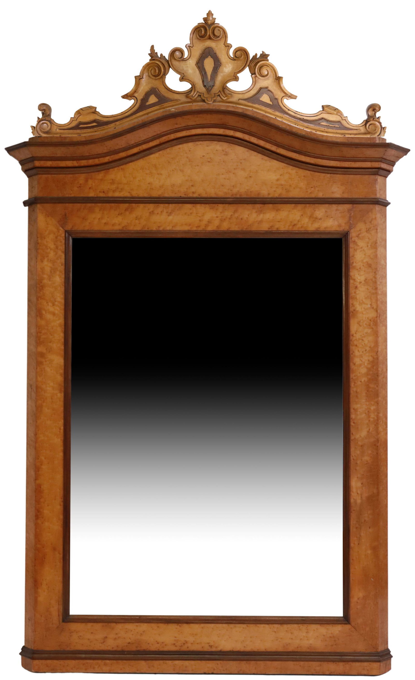 ITALIAN BIRDSEYE MAPLE MIRROR, 19TH C., 76" X 47": Italian birdseye maple mirror, late 19th c., scrollwork crest above rounded pediment, over stepped molding, encasing flat mirror plate, crest with repair to top foliate, approx 76"h, 47"w, 72.5lbs Sta