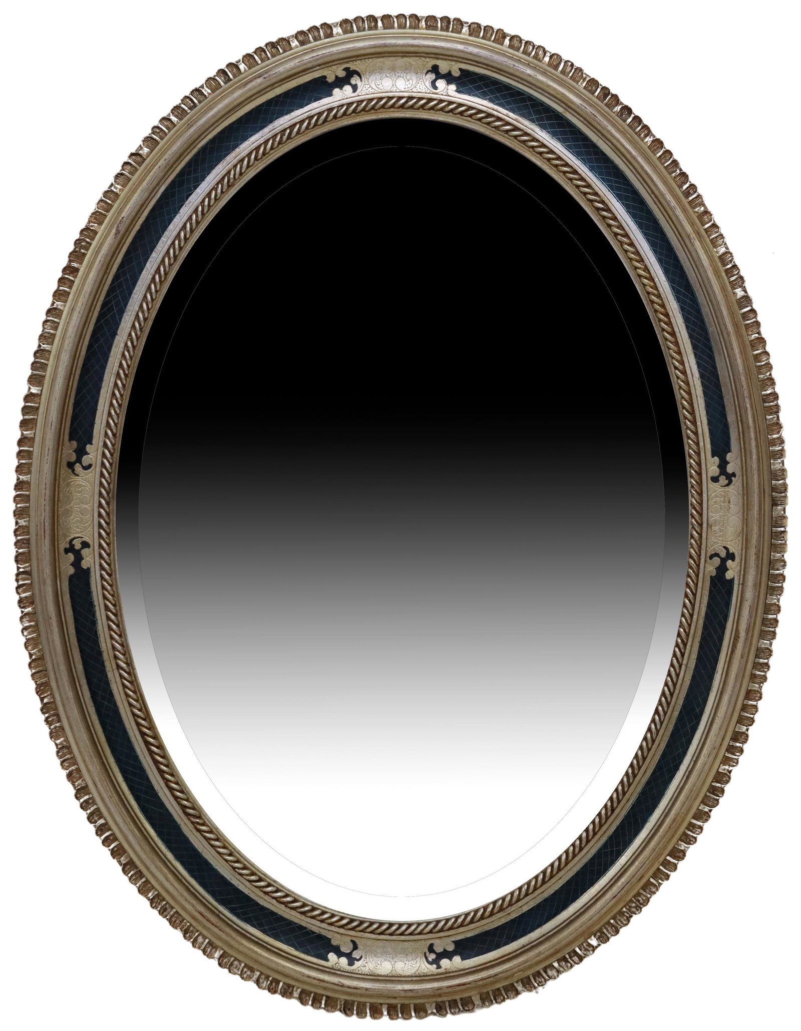 ITALIAN SILVER GILTWOOD OVAL BEVELED MIRROR: Italian silver giltwood mirror, 20th c., oval frame with diapering, c-scrolls, rope twist molding, centering the beveled mirror plate, approx 34"h, 26.25"w, 15lbs Start Price: $100.00