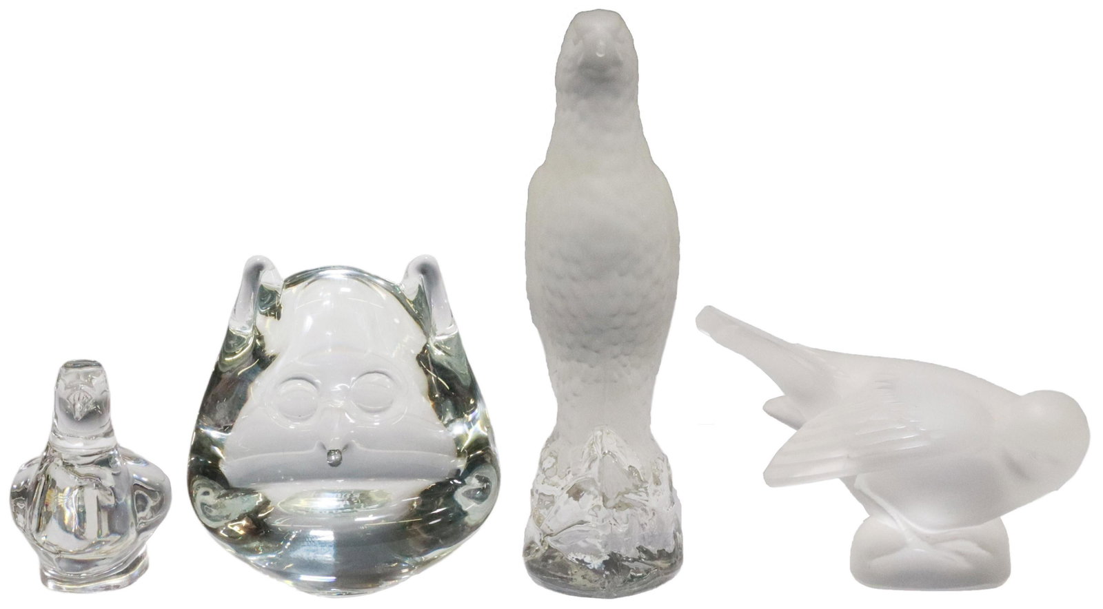 (4) CUT & FROSTED ART CRYSTAL BIRD PAPERWEIGHTS: (lot of 4) Cut and frosted art crystal figural bird paperweights, including: (1) Baccarat dove, bearing acid-etched mark at side and underfoot, (1) Reijmyre bird, mounted on naturalistic base, retaini