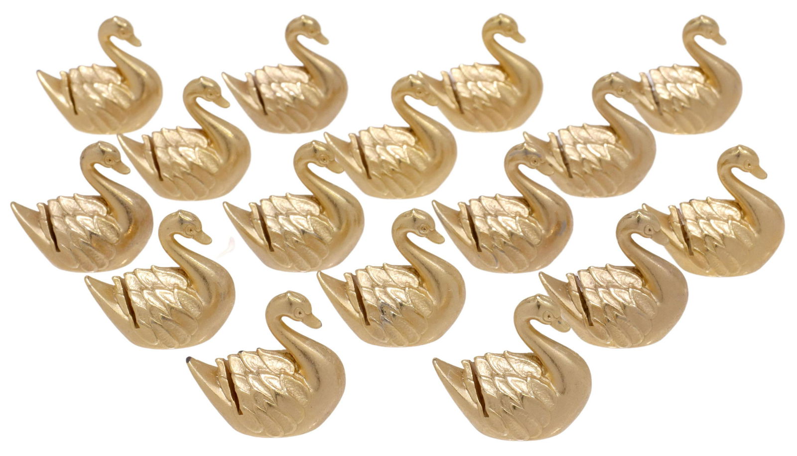 16) CONTINENTAL GILT METAL SWAN PLACE CARD HOLDERS: (lot of 16) Continental gilt metal place card holders, 20th c., in the form of feathered swans, approx 1"h, 5/8"w, 1"d, lbs total Start Price: $60.00