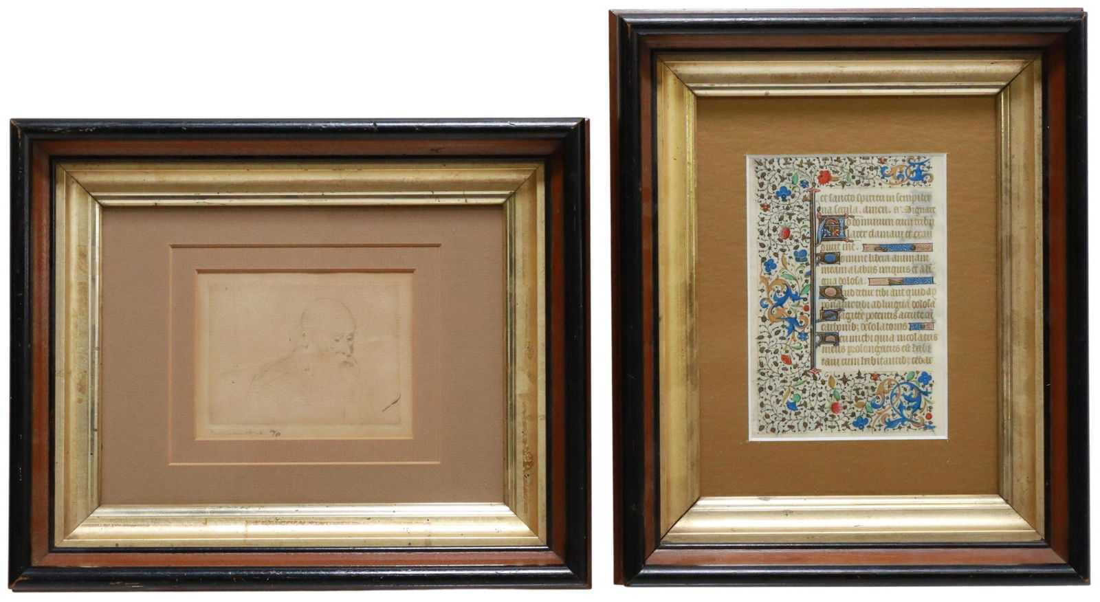 2) ILLUMINATED MANUSCRIPT PAGE & H. STRUCK ETCHING: (lot of 2) Framed art, including: (1) etching on paper, Elderly Bearded Man, signed lower left Hermann Struck (German, 1876-1944), numbered 10/ 50, sight: approx 3.25"h, 4.25"w, overall: 9.5"h, 11.5"w