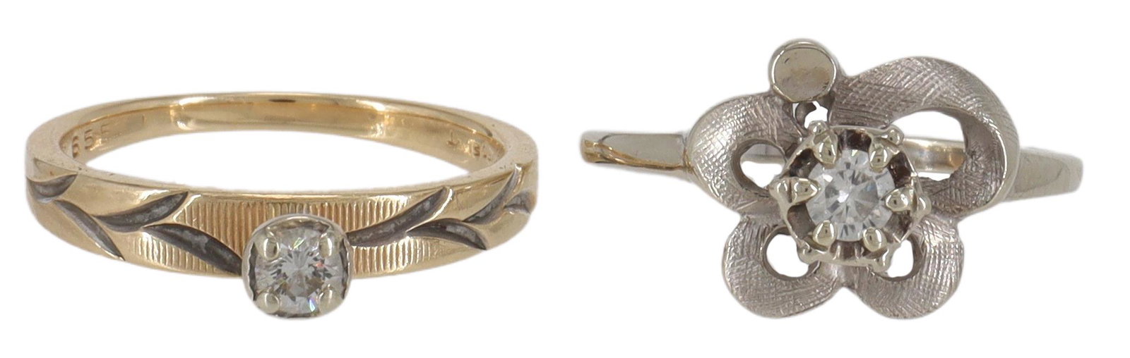 2) ESTATE 14KT & 10KT GOLD DIAMOND SOLITAIRE RINGS: (lot of 2) Estate gold rings, including: (1) 14kt yellow gold diamond solitaire ring, inside shank hallmarked ArtCarved 14K, approx size 6, (1) 10kt white gold (tested) and diamond ring, illegible hal