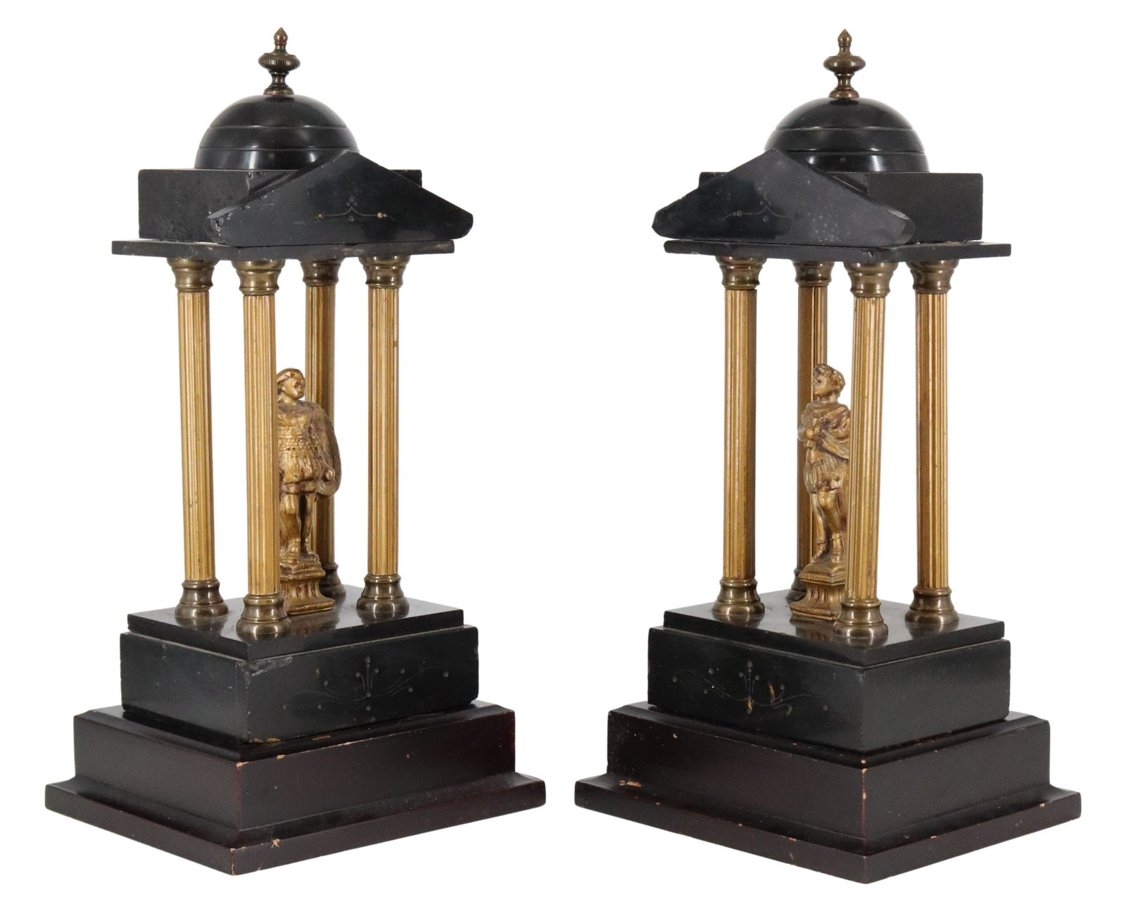 (2) NEOCLASSICAL ARCHITECTURAL FOLLY GARNITURES: (lot of 2) Neoclassical architectural folly garnitures, 19th c., metal finial over polished black stone dome, triangular pediment, supported by four gilt metal fluted columns, centering a classical fi
