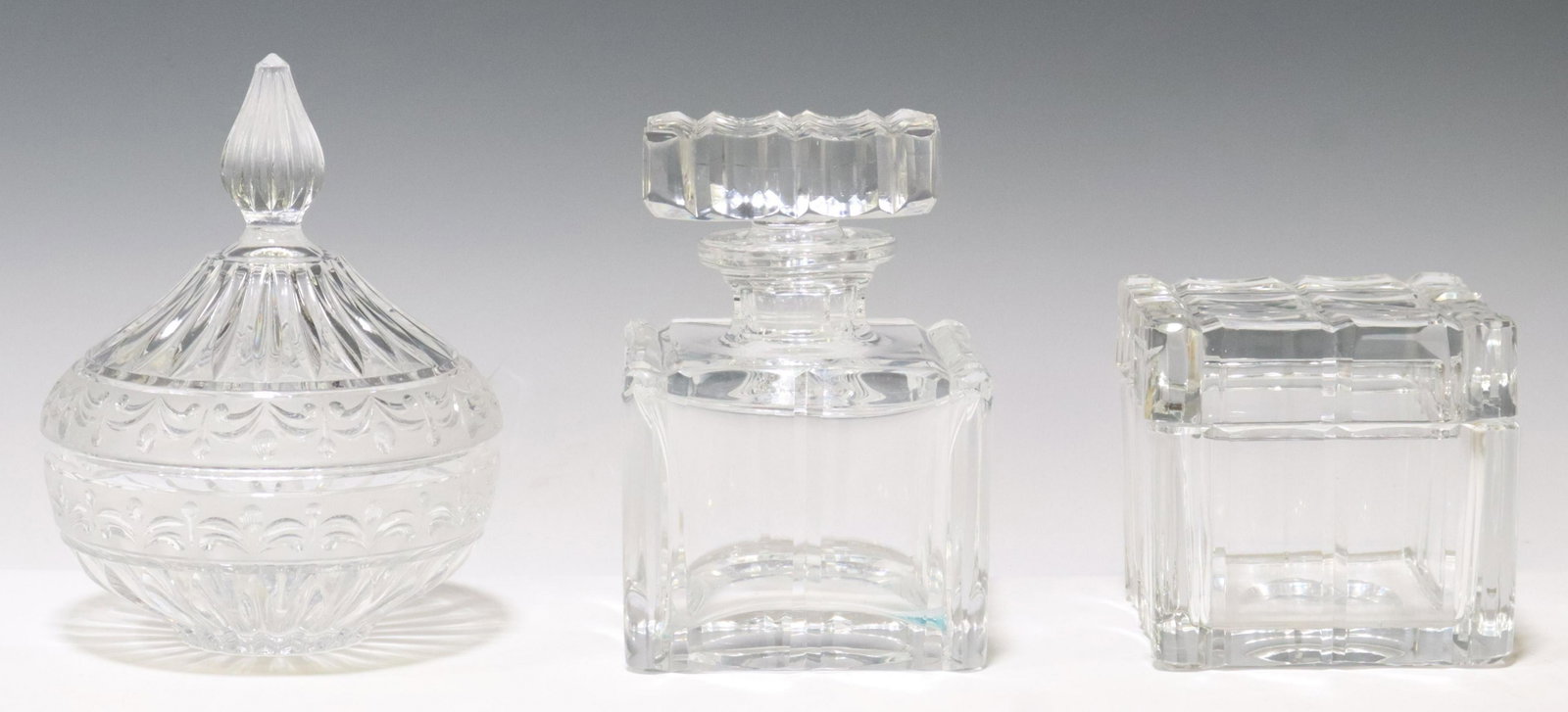 (3) VAL SAINT LAMBERT & OTHER CRYSTAL VANITY ITEMS: (lot of 3) Continental crystal vanity table items, including: (1) Val Saint Lambert perfume/ scent bottle, approx 5.5"h, 3.75"w, 3.75"d, (1) Val Saint Lambert square powder box, small chip to rim of b