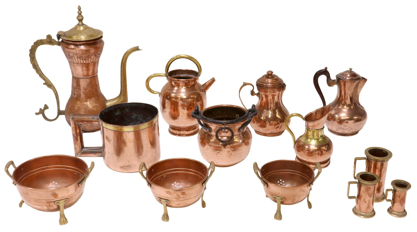 (13) FRENCH COPPER & METAL KITCHENWARES: (lot of 13) French copper and metal kitchenwares, including: (1) large lidded pitcher, with scrolled handle, running repousse ornamentation, (3) graduated colanders, rising on three feet, (4) pitchers