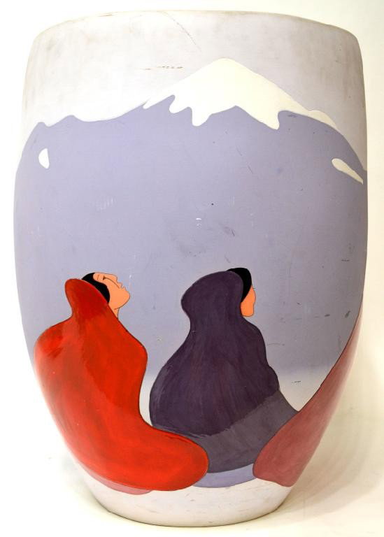 R.C. GORMAN SIGNED VASE, "TAOS MOUNTAINS", 26'H: Glazed pottery vase, "Taos Mountains", signed in pencil at base "R.C. Gorman, mold makers proof" (Rudolph Charles Gorman, Native American, 1931-2005), signed, titled, dated under base "1986, R.C. Gorm