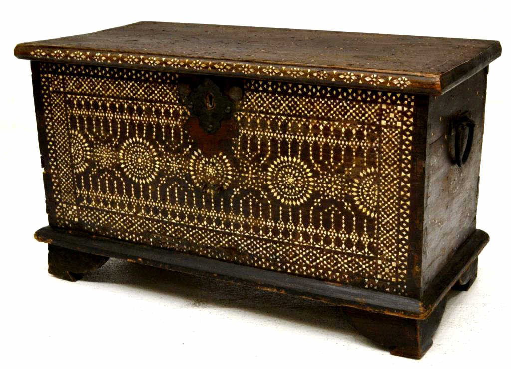 INDO-PORTUGUESE MOTHER-OF-PEARL INLAID TRUNK: Indo-Portuguese mother-of-pearl inlaid hardwood coffer, 19th c..,geometric patterning to top, front and sides, iron carry handles, interior storage box, rising on shaped bracket feet, restorations, 15