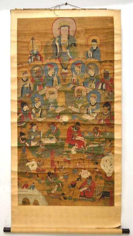 CHINESE BUDDHIST HANGING SCROLL, JUDGMENT: Chinese Buddhist hanging scroll, ink and color, Hell Scene, depicting the various deities associated with the judgment of recently the deceased, together with scenes of punishment, overall creases, so
