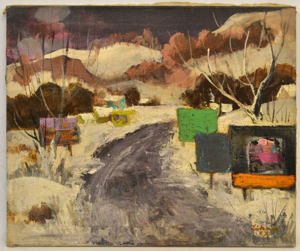 PAINTING, WINTER SCENE, GUSTAV LIKAN (1912-1998): Unframed oil painting on canvas, Winter Scene, Snow and Street Signs, signed and dated lower right Likan '67 (Gustav Likan, Yugoslavia, Illinois, Texas, 1912-1998), 20"h, 24"w, 1lb Start Price: $100.0