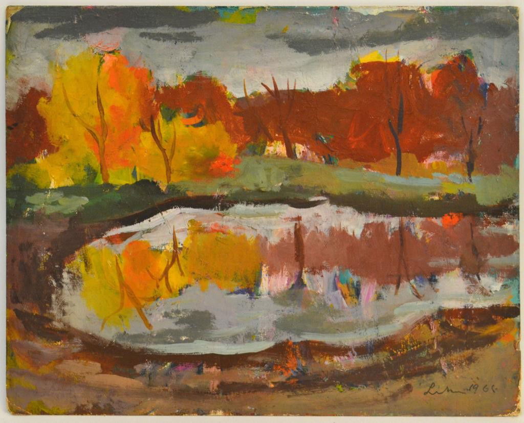 PAINTING, CHICAGO LAKE, GUSTAV LIKAN (1912-1998): Unframed oil painting on board,"Lake Scene, Fall '65, signed and dated lower right Likan 1965 (Gustav Likan, Yugoslavia, Illinois, Texas, 1912-1998), accompanied by signed paper written: "Lake Scene"