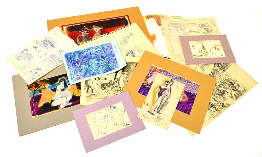 (13) STUDIES, PAINTINGS OF GUSTAV LIKAN, 1912-1998: (lot of 13) Studies, drawings, paintings by Gustav Likan (Yugoslavia, Illinois, Texas, 1912-1998) : (1) study for a circus painting, three sections, signed lower left Likan, '60, 9"h, 12"w; (1) matted