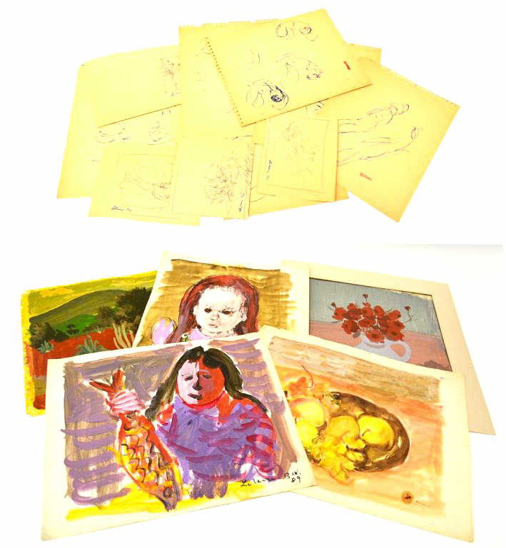 (15) STUDIES, PAINTINGS OF GUSTAV LIKAN, 1912-1998: (lot of 15) Studies, drawings, paintings by Gustav Likan (Yugoslavia, Illinois, Texas, 1912-1998): (4) small ink studies all signed Likan '70, largest 6"h, 7"w; (6) pen on paper sketches stamped Likan