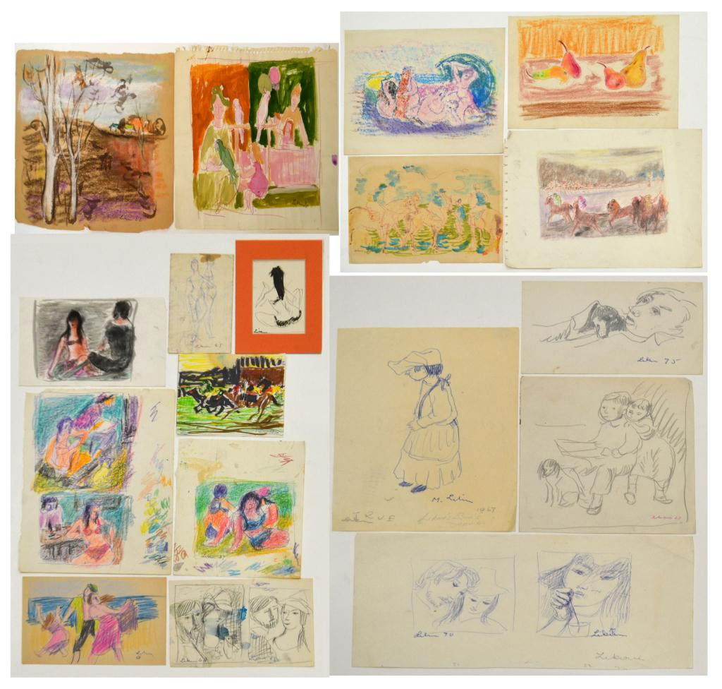 (18) STUDIES, PAINTINGS OF GUSTAV LIKAN, 1912-1998: (lot of 18) Studies, drawings, paintings by Gustav Likan (Yugoslavia, Illinois, Texas, 1912-1998): (1) red pen and watercolor on paper, Racehorses, signed lower left Likan '65, 8.5"h, 11"w; (1) blue p