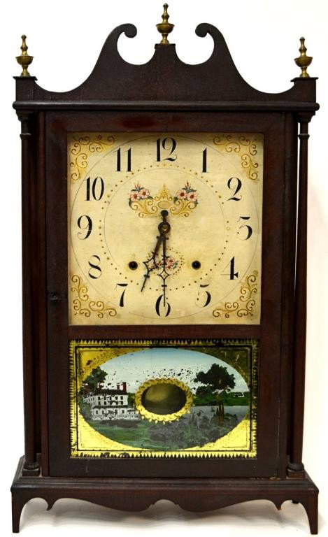 TERRY PILLAR & SCROLL CLOCK, C. 1835: Eli Terry Pillar & Scroll mahogany shelf clock, Plymouth Connecticut, c. 1835, time and strike weight driven, reverse painted scene with large house near lake, later pendulum, paint loss, coagulated f