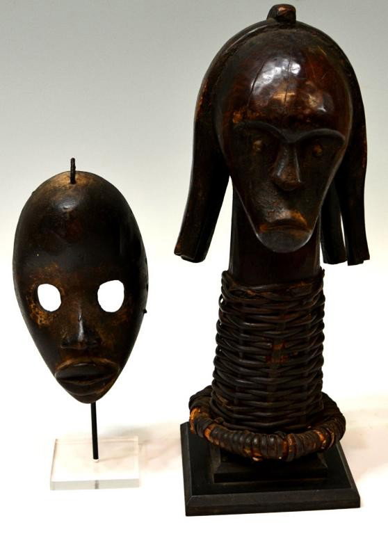 (2) AFRICAN WOOD SCULPTURE & MASK: (lot of 2) African hand carved wood sculptures: (1) a reliquary guardian figure, Fang Tribe, Gabon, Cameroon, with nail head eyes, 16"h, 7"w, 6.5"d; (1) ceremonial mask with edge tie holes, mounted on