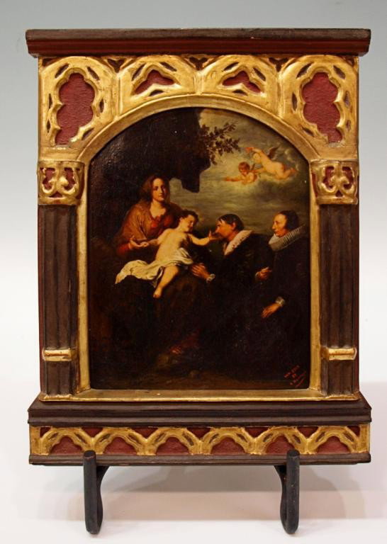 RELIGIOUS PAINTING ON BOARD, HECTOR MONCAYO: Framed oil painting on board, "Van Dyck" after "The Virgin and Child with Donors", by Sir Anthony Van Dyck (1599-1641), signed lower right H. Moncayo (Hector Moncayo, Ecuador,1895-1984), sight: 8.5"h,