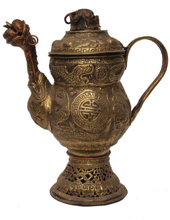 HIMALAYAN / MONGOLIAN GILT BRASS COPPER SAMOVAR: Himalayan/Mongolian gilt brass and copper samovar, the lobed ovoid body with repousse decoration of shou medallions, dragons, and floral roundels on a granulated ground and applied with a long spout i