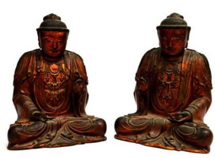 (LOT OF 2) CHINESE LAQUARED WOOD DEITIES, QING: (lot of 2) Chinese gold lacquered wood deities, Qing dynasty, probably each a bodhisattva in princely raiment and seated in a pose of meditation, exhibiting the hand gesture (mudra) of reassurance, ea