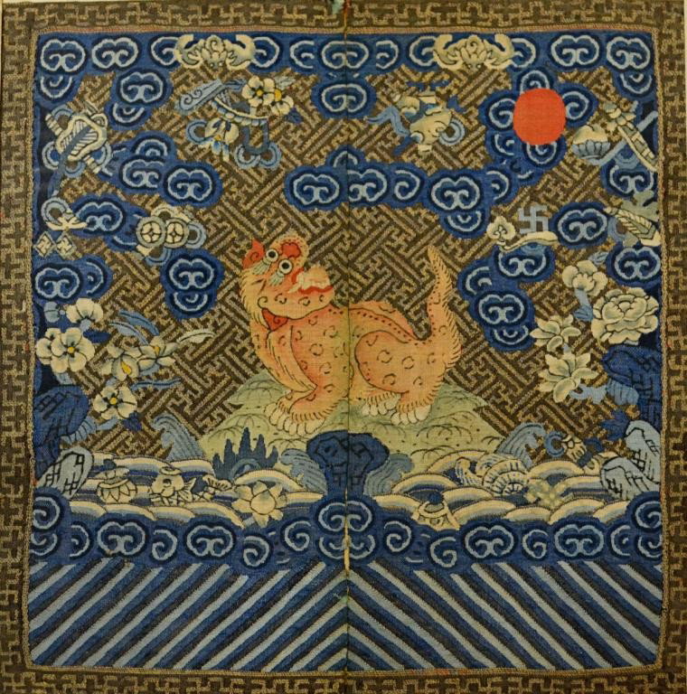 CHINESE MANDARIN MILITARY RANK SQUARE / BADGE: Chinese Mandarin rank square kesi, Qing Dynasty, featuring either a Tiger or Leopard denoting military third or fourth rank, remnants of silver wrapped thread showing on an elaborate ground, some mino