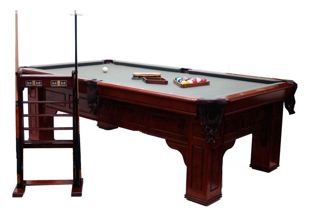 FISCHER ALICANTE POOL TABLE & ACCESSORIES, 8': Fischer Alicante mahogany finish 8' pool table with raised panel burl accents, brown leather pockets with tassels, diamond shape sites at each rail, green felt with some wear, balls, brush, two ball r