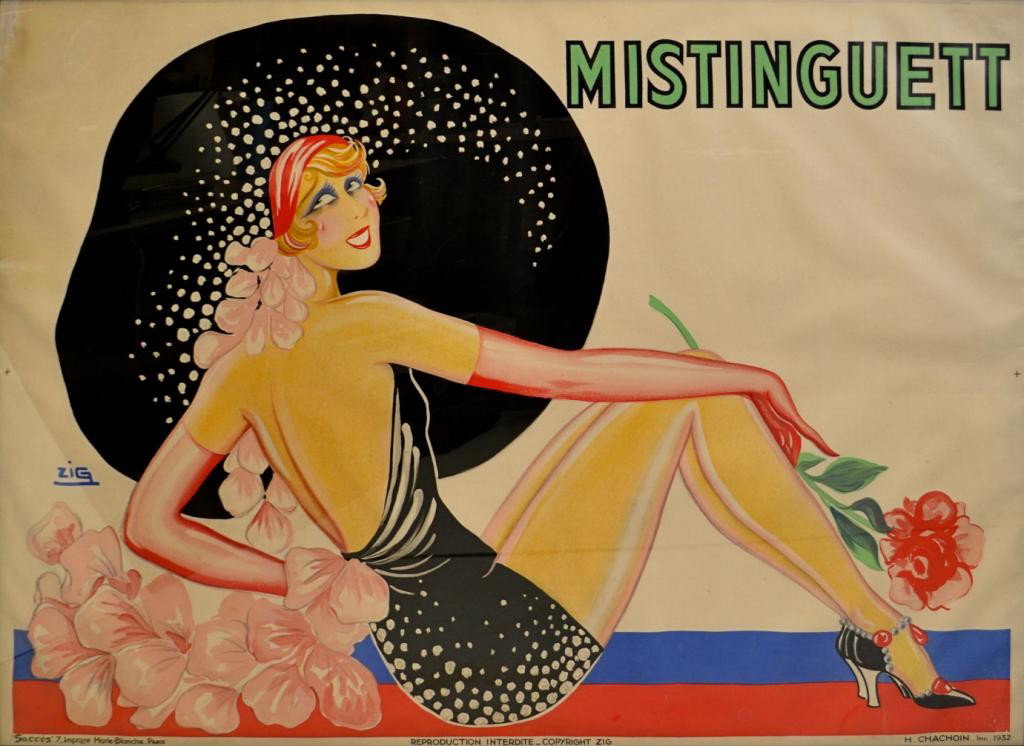 POSTER: MISTINGUETT, ZIG, LOUIS GAUDIN (1882-1936): Framed French poster, "Mistinguett", 1932, signed at left center Zig (Louis Gaudin, France, 1882-1936), marked at lower right "R.H. Chachoin, Imp. 1932), Mistinguett was the stage name of Jeanne Bourg