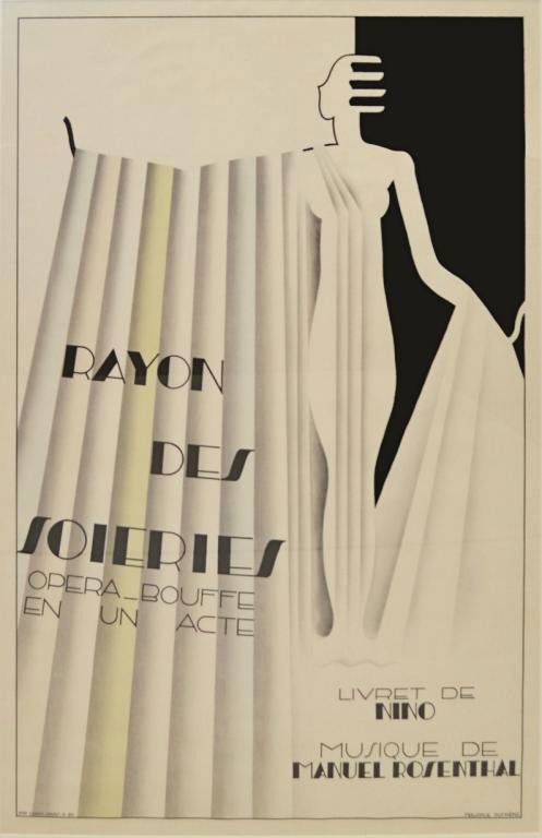 POSTER: RAYON DES SOIERIES, M. DUFRENE 1876-1955: Framed FrenchArt-Deco poster, "Rayon Des Soieries" 1930, signed Imp Chaix Paris 5-30, lower left, Maurice Dufrene lower right (France,1876-1955), celebrating the opera "Silk Department" by Max Rosenth