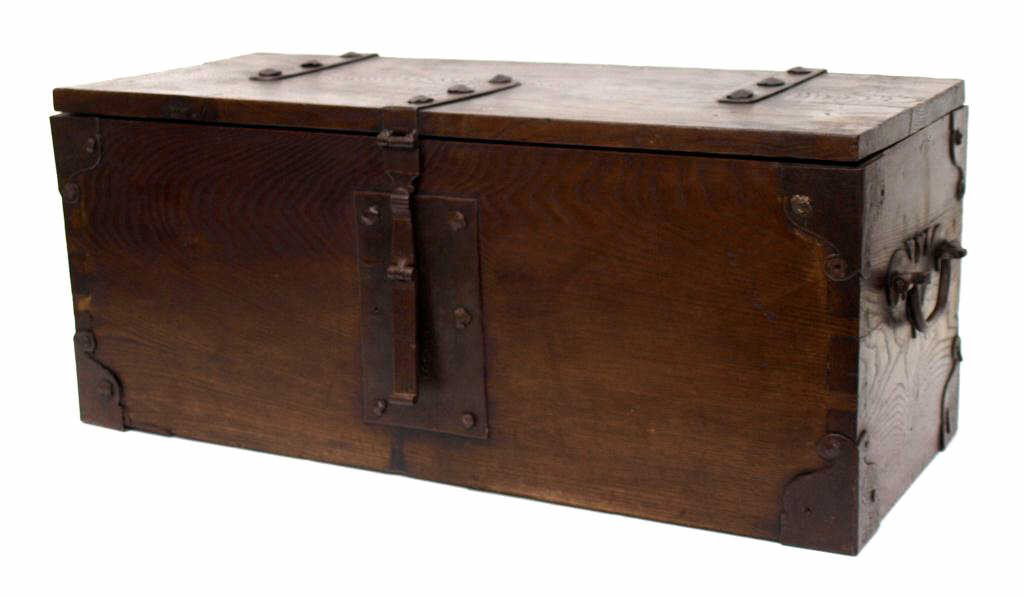 ANTIQUE SPANISH TRUNK, HAND FORGED IRON: Antique Spanish hardwood trunk, early 19th c., hand forged iron bound rectangular form with with dovetail joinery, lift top, original lock, iron carry handles, 11"h, 26"w, 10,5"d, 21.5lbs Start Price: