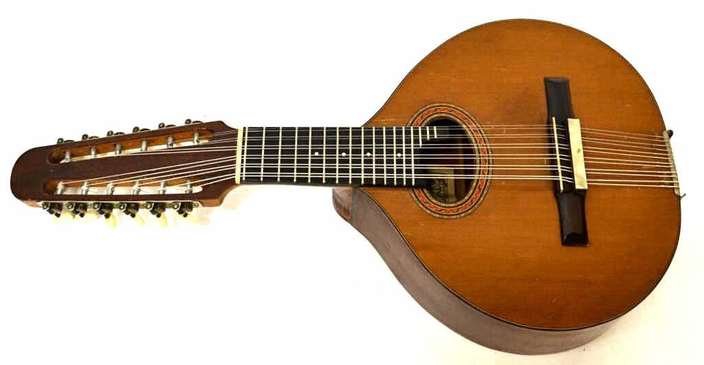 VINGTAGE MARTIN BANDURRIA STRIINGED INSTRUMENT: Bandurria, a high pitched 12 string musical instrument, of the lute family, bearing two labels of maker Andres Martin, Madrid, Spain, some finish scratches, case: 28.25"l 13.5"w, 5.75"h; instrument: 2