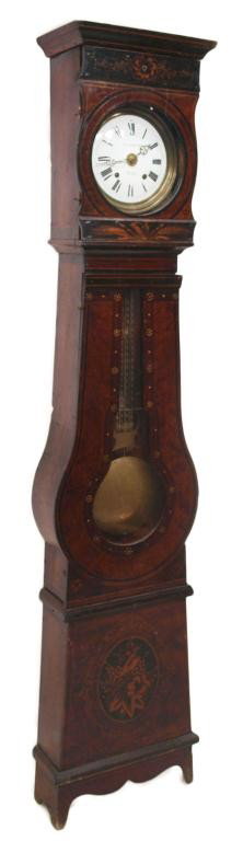 MID 19TH C SPANISH PINE POLYCHROME LONGCASE CLOCK: Spanish pine longcase clock in the French Morbier style, mid 1800's, polychrome case with floral decoration, the porcelain face marked "Francisco Baguelna, Valencia", time and strike two weight works 