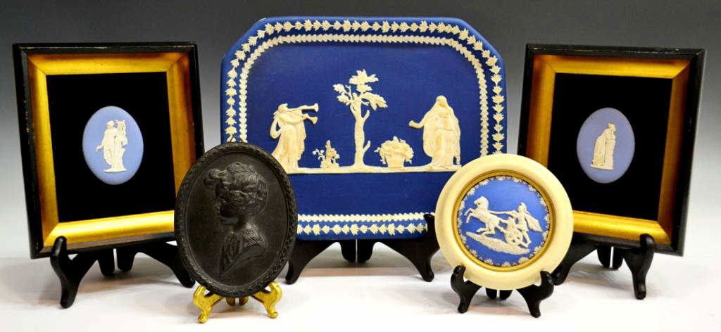 GROUP ADAMS & WEDGWOOD BASALT, JASPERWARE PLAQUES: Group of basalt and jasper plaques including: (1) Wedgwood black basalt portrait plaque, impressed 'John Son of Mrs Euan Wallace' , 5.25"l, 3.75"w; (pair) framed blue jasper ovals, (1) depicting 'Poly